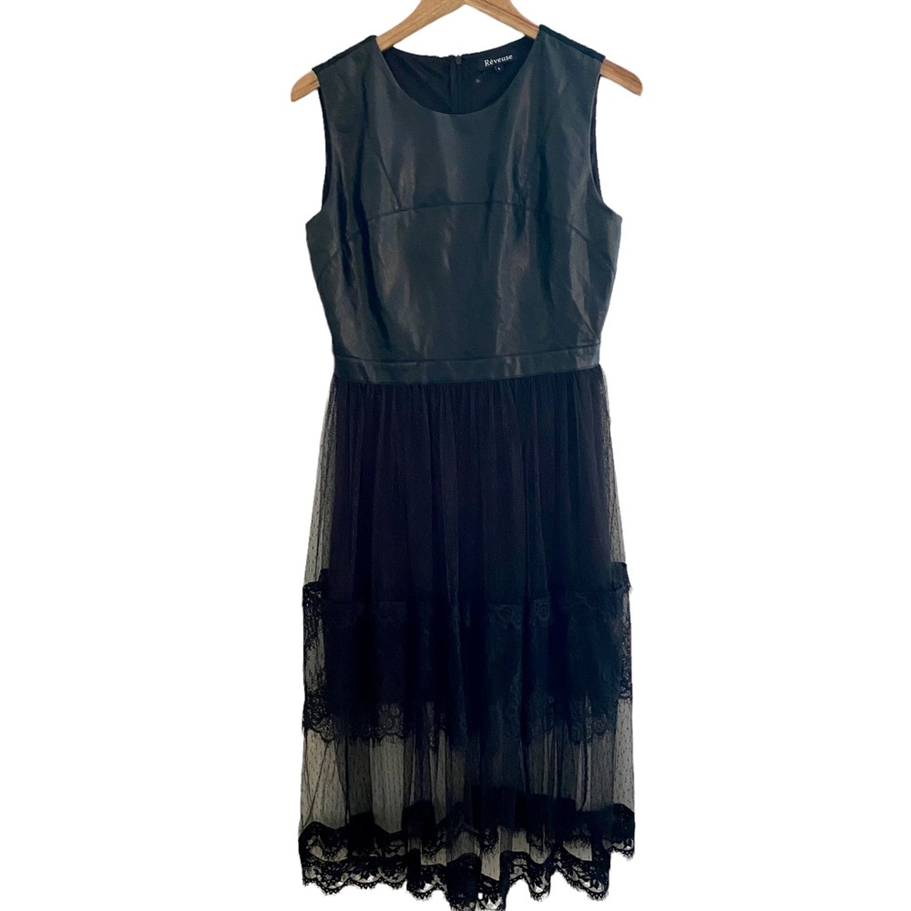 Reveuse Australia Black Faux Leather Sheer Lace Dress Size Large